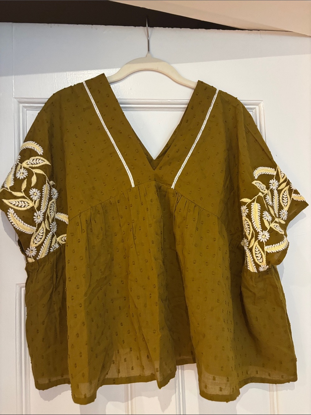 Olive Green Embroidered V-Neck Top - L/XL
